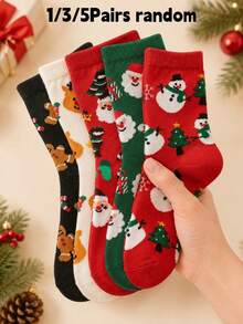 1/3/5 Pairs Unisex Random Snowman, Deer, Christmas Tree Pattern Fashion Mid-Calf Socks, Soft Comfortable Breathable, Suitable For All Seasons Casual Sports Christmas Socks, Perfect For Daily Wear, Holiday Parties And Travel (Random Style Delivery) - Multicolor - View 7