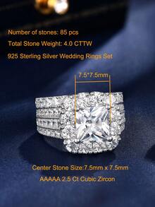AIHUASI 2pcs/Set 925 Sterling Silver Women's Wedding Ring, Vintage Style, 7.5*7.5mm 2.5ct Princess Cut High-Grade Cubic Zirconia, Luxury Bridal Jewelry Gift - Silver - View 5