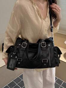Solid Color Large Capacity Business Style Women's Bag, Simple And Fashionable Versatile PU Material Large Capacity Commuting Bag Crossbody Bag - Black - View 2