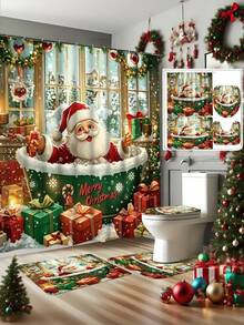 1/4pcs Merry Christmas Winter Shower Curtain Set, Cute Santa Claus, Snowman, Christmas Tree, Snowy Landscape, Snowflake Pattern, Happy New Year Holiday Bathroom Curtain Set, Polyester Fabric, With Hooks, 70.8*70.8 Inches - A - View 5