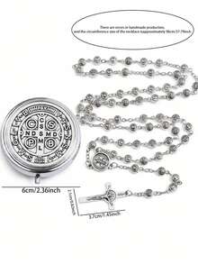 2pcs/Set Vintage Silver St. Benedict Metal Rosary Set With St. Benedict Medal Stainless Steel Storage Box, Crucifix, Catholic Cross Rosary, Religious Gift Set For Baptism, First Communion, Daily Prayer, Worship, Faith Accessory, Ideal Gift For Baptism, First Communion, Holidays - Antique Silver - View 7