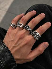 4pcs Vintage Gothic Multi-Style Men's Ring Set, Halloween Dark Punk Skull Mask Metal Finger Rings, Autumn/Winter Street Party Stackable Jewelry Gift Accessory - White K - View 2
