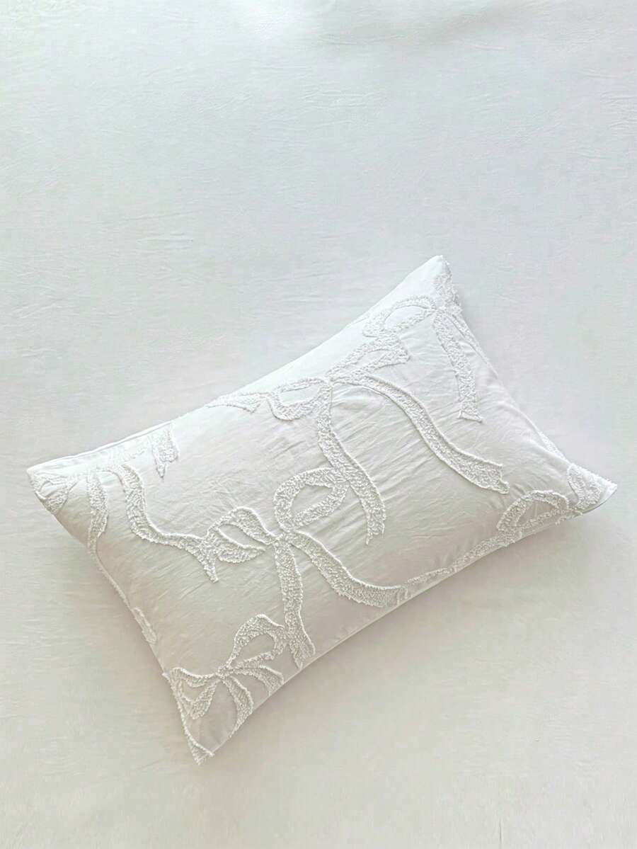 1個白色蝴蝶結紋理刺繡床枕套,可愛極簡鏤空設計聚酯纖維抱枕套,四季通用Ins風家居裝飾,柔軟透氣,可機洗,不含填充物 - 白色 - 查看 1
