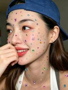 1pc Colorful Heart & Star Face Decoration Stickers, Multi-Specification Rhinestone Combination Elements, Convenient Self-Adhesive Glue-Free, Music Festival Carnival Photo Shoot Atmosphere Face Makeup Stickers, Comic Convention Photo Shoot Makeup Decoration Stickers, Eye Area Colorful Rhinestone Embellishment Stickers - Multicolor - View 3