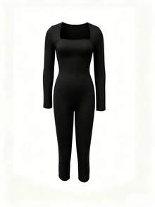 AiTyi Women's Y2K Square Neck Long Sleeve Capri Bodycon Jumpsuit, Tight Stretch Shaping Romper For Daily,Slim Fit,Versatile,Fall/Winter,Halloween - Black - View 7