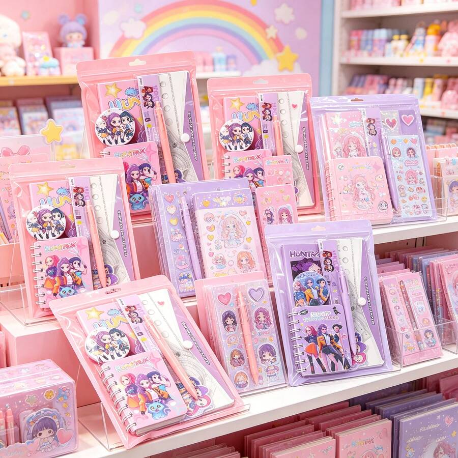 KPop Demon Hunters K-POP Gift Stationery Set, Including Badge, Pen, Notebook, Featuring Kpopdemonhunters, Hunters Themed Patterns, Suitable For Gift Giving, Suitable For Stationery Store Display, As Teenage Stationery And Desktop Decoration, Suitable For Holiday Gifts, Classroom Rewards, Fan Merchandise Gifts, High-Traffic Item For Stationery Stores, Combining Practicality And Collectibility - Multi-color - View 1