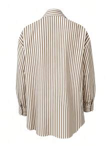 Chic Women's Brown And White Striped Modest Blouse, Long Sleeve Button-Up Shirt Collar Top, Perfect For Spring And Fall Casual Looks - Rust Brown - View 4