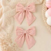 2PCS Fall Winter Baby Pink Dot Textured Bows For Girls Wavy Long Tail Decor Alligator Clips Party Daily Hair Clips Kids Hair Accessories - Baby Pink - View 9