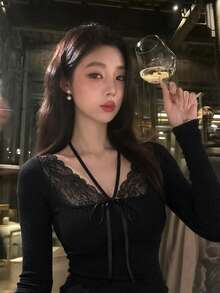 2026 Autumn/Winter New Pure Desire Style Lace Patchwork Halter Neck Knit Top, Sexy Ribbon Tie Slim Fit Flattering Long Sleeve T-Shirt - Black - View 5