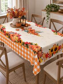 1pc Fall Pumpkin Sunflower Tablecloth, Polyester Rectangular Table Cover With Orange Gingham, Maple Leaf And Floral Border Print, Autumn Decor, Fall Home Decor, Interior Decor, Thanksgiving, Autumn Party, Interior Decoration, Kitchen Decor - Multicolor - View 14