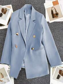 Spring/Summer Women's Solid Color Long Sleeve Double-Breasted Blazer, Notched Collar | Suitable For Dates, Parties, Outings And Holiday Celebrations - Baby Blue - View 5