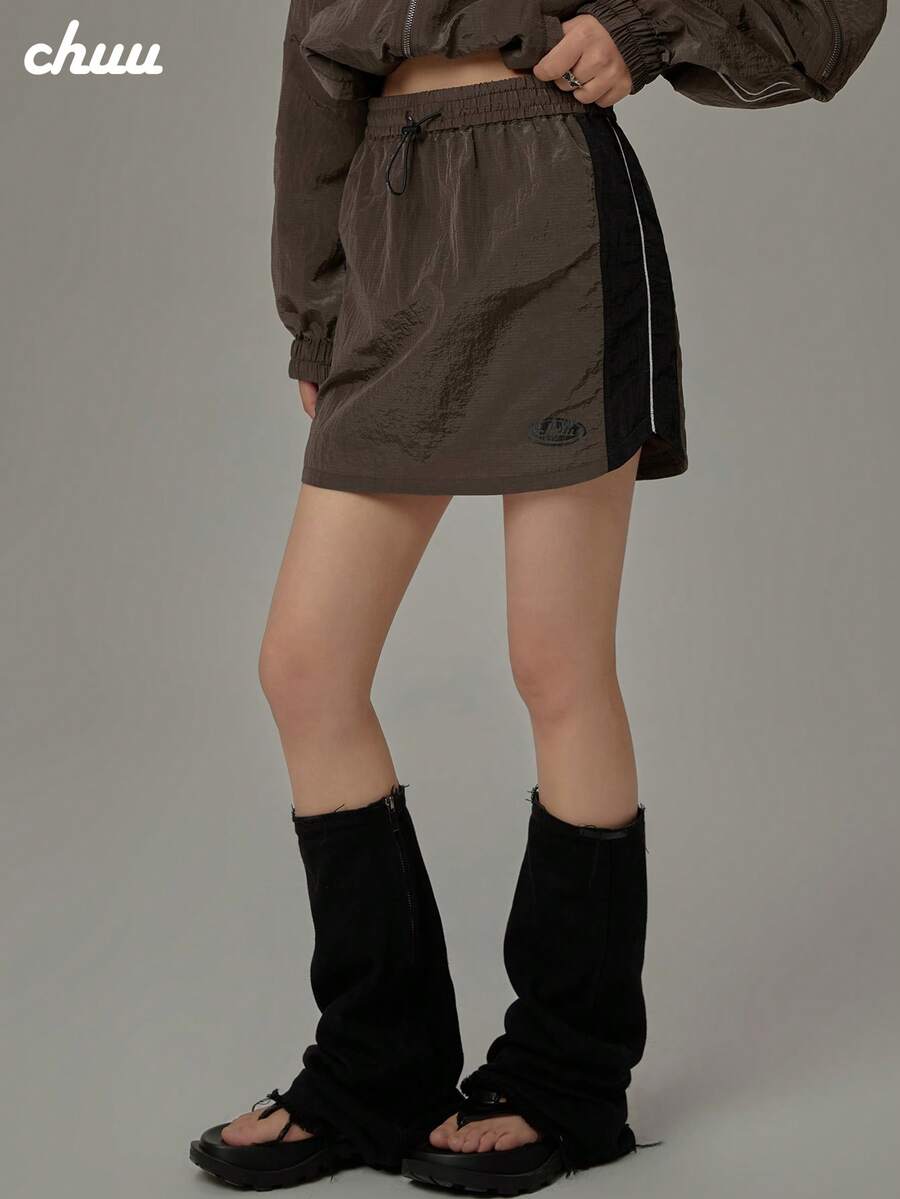 Chuu 1pc Rok Kasual Nilon dengan Tali Serut, Rok Streetwear untuk Kencan Sehari-hari di Musim Panas dan Gugur - Coffee Brown - View 1
