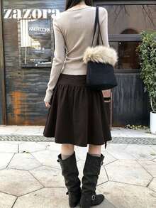 Women's Solid Color Korean Style A-Line Skirt, High-End Elegant - Brown - View 2
