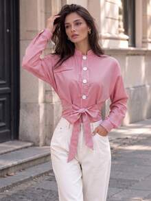 Women's Pink Striped Polyester Shirt, Stand Collar With Front Tie, Long Sleeve Button-Up, Fashionable Style - Multicolor - View 3