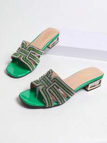 Women's Rhinestone Braided One-Strap Square Heel Open Toe Slippers, Shiny Crystal Embellished Party Evening Wear Slides - Green - View 7