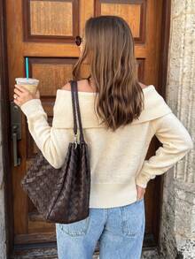 Korean Style Autumn/Winter Off-Shoulder Sweater Women Niche French Design Soft Knit Pullover Top - Apricot - View 3