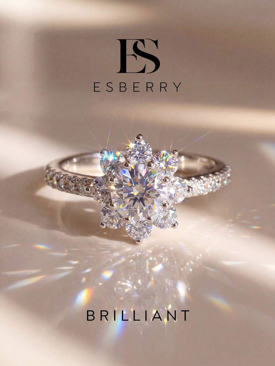 ESBERRY 1件莫桑石與鑽石訂婚/婚禮戒指，永恆承諾戒指，週年紀念戒指，送給新娘的奢華珠寶禮物