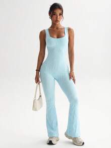 Women's Sleeveless Flare Leg Jumpsuit, Low Back Design, Elastic Zebra Print Long Leg Bodycon Jumpsuit, Slim Fit Casual One-Piece Set - Blue - View 4