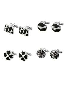 4 Pairs Men's Classic Cufflinks Set, Silver Black Gold Metal Shirt Cufflinks, Suitable For Wedding Business Party Formal Suit Accessories - Black - View 6