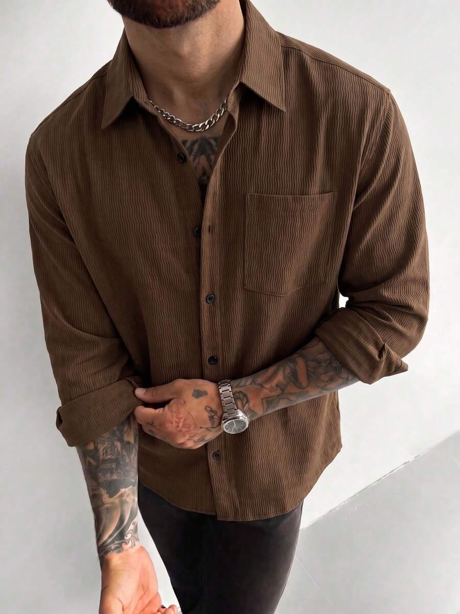 Men's Casual Long Sleeve Shirt With Turn-Down Collar, Single-Breasted And Pocket, Suitable For Daily Wear - Rust Brown - View 1