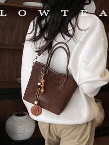 low tea 1pc Suede Bucket Handbag With Adjustable Shoulder Strap, Suitable For Commuting, Shopping, Etc. (With Pendant) - Coffee - View 10
