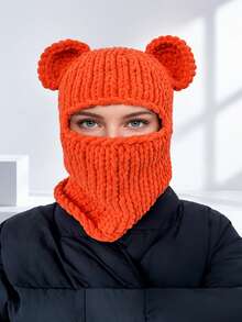 Autumn/Winter Funny Bear Ear Balaclava Hat For Women, Chunky Knit Hollow Out One-Piece Knitted Hat, Face And Neck Protection, Personalized Outfit, Photo-Ready Woolen Head Cover - Multicolor - View 1