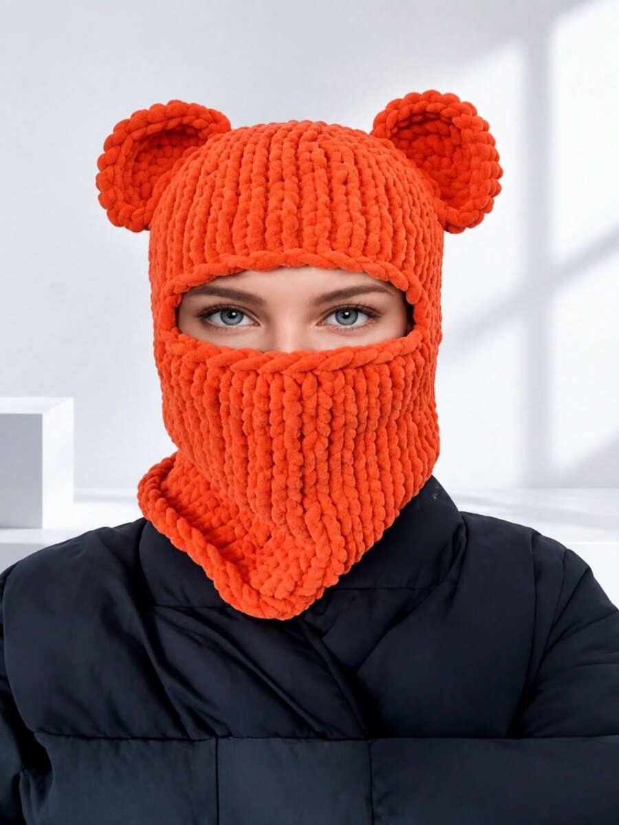 Autumn/Winter Funny Bear Ear Balaclava Hat For Women, Chunky Knit Hollow Out One-Piece Knitted Hat, Face And Neck Protection, Personalized Outfit, Photo-Ready Woolen Head Cover - Multicolor - View 1