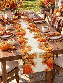 1PC Pumpkin Sunflower Fall Table Runner, Linen Autumn Harvest Tablecloth Runner With Pumpkin, Sunflower And Maple Leaf Border Print, Rustic Farmhouse Dining Table Decor For Thanksgiving Dinner, Kitchen, Dining Room, Fall Party Home Decoration - Multicolor - View 5