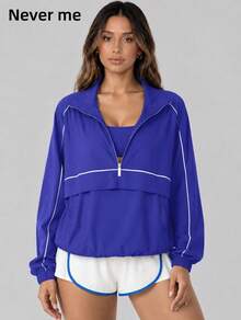 Never me Women's Sports Jacket Stand Collar Zipper Contrast Stitching Short Loose Long Sleeve Outerwear - Blue - View 1