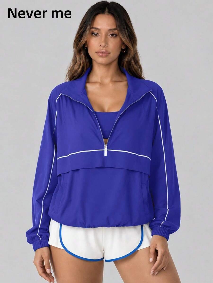 Never me Women's Sports Jacket Stand Collar Zipper Contrast Stitching Short Loose Long Sleeve Outerwear - Blue - View 1