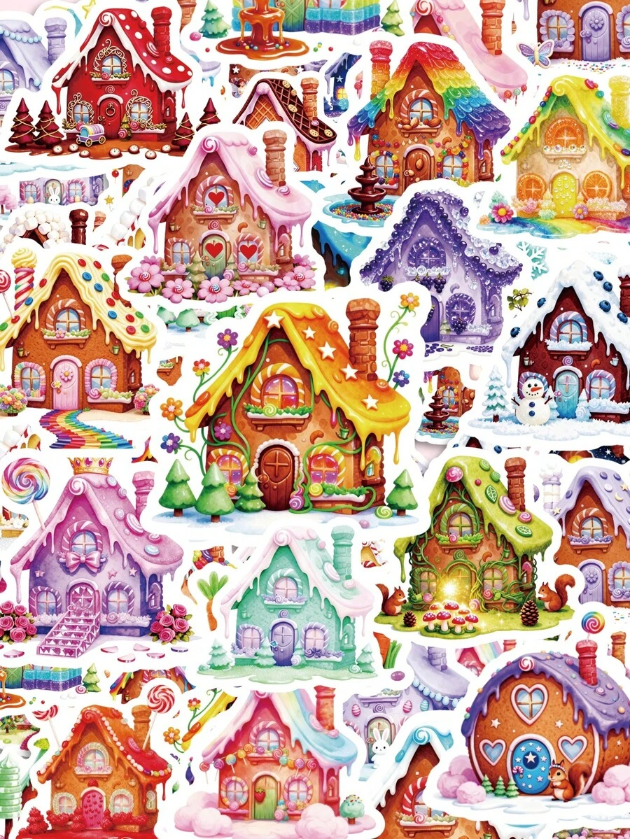 56Pcs Colorful Healing Candy House Stickers, Fantasy Houses With Dripping Frosting Texture, Fairy‑Tale Motifs Decorated With Flowers And Small Animals, For Bike, Books, Journal, Tumbler, Desktop Organizer, Skateboard, Document Box Decoration - Multicolor - View 1