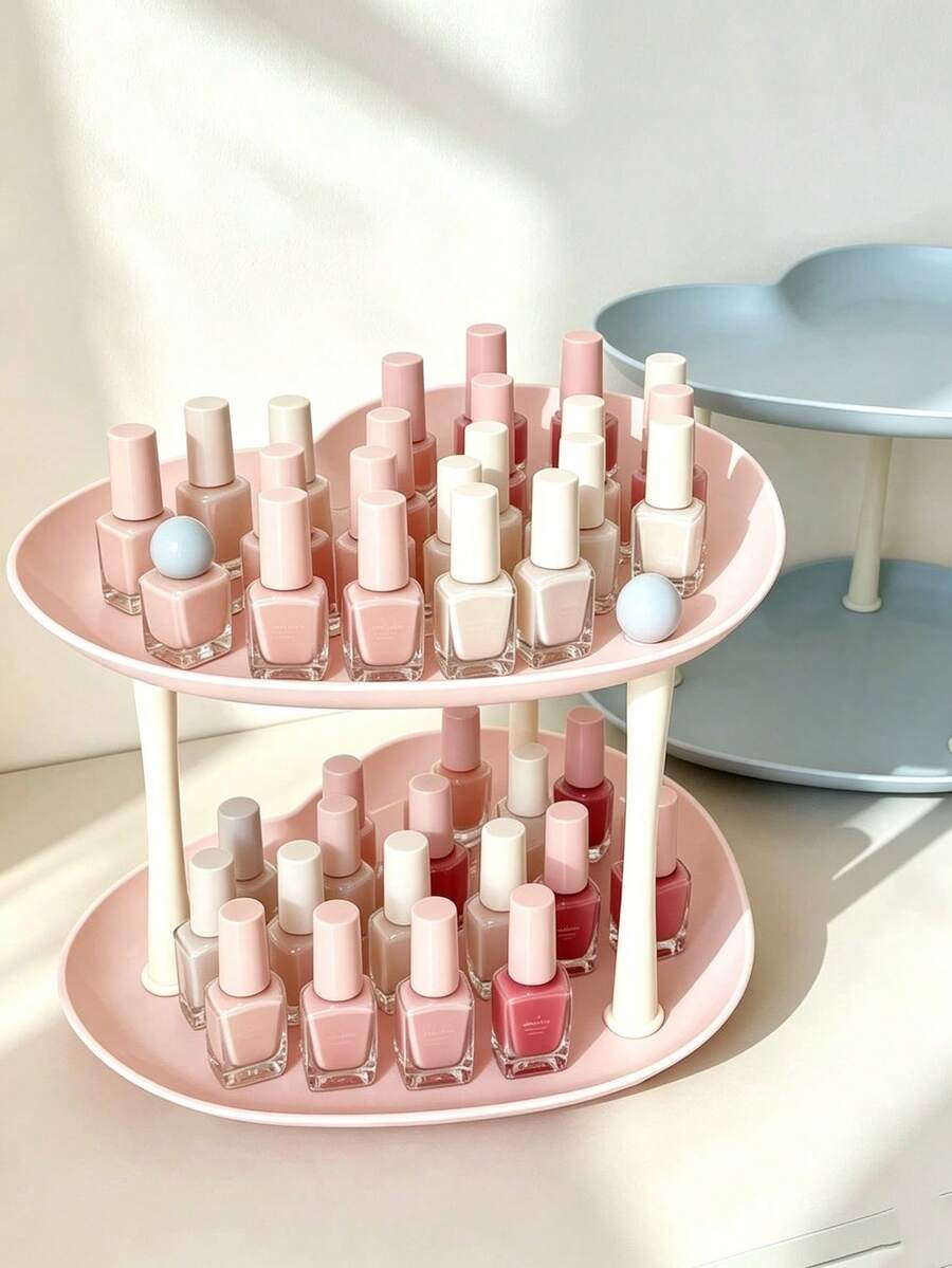 1pc 2-Tier Heart-Shaped Tray Storage Rack, Cute Desktop Organizer For Nail Polish, Manicure Tools, Cosmetics, Nail Salon Vanity Display Stand - Multicolor - View 1