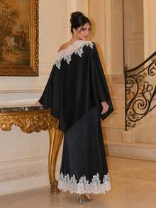 Lace Satin Black Cape Top And Skirts Set For Women Fall Winter Holiday Essentials Halloween Christmas - Black - View 7