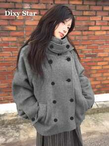 Vintage Versatile Winter New Korean Style Loose Double-Breasted Hooded Overcoat Jacket For Women - Grey - View 1