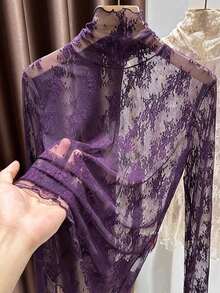 Plus Size European & American Style Sexy Semi-Sheer Lace High Neck Top, Autumn/Winter Women's Fitted Long Sleeve Mesh Base Layer - Purple - View 1