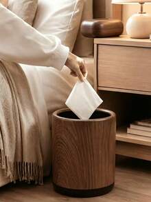 1pc Modern Retro Faux Wood Grain Round Double Layer Hidden Trash Can, Black Non-Slip Base, Bagless Design, Large Capacity, Suitable For Living Room, Bedroom, Nightstand, Bathroom, Office, Hotel And Home Decor, Japanese Minimalist Fashion Room Aesthetic Decoration, Thickened Anti-Drop Waste Paper And Miscellaneous Storage Bin, Bathroom Toilet Paper Basket - View 11