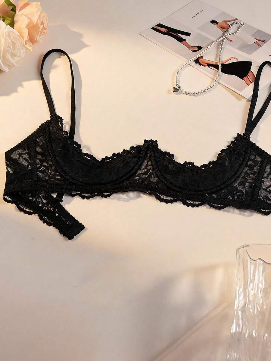 Women's Sexy Lace 1/3 Demi Cup Bra, Adjustable Straps, Comfortable Lingerie, Suggest Buying One Size Up - Black - View 1