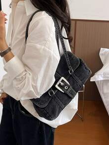 Tas jinjing model retro dengan detail penutup dan gesper, simpel dan modis, cocok untuk perjalanan sehari-hari, belanja, dan berlibur. - Hitam - View 3