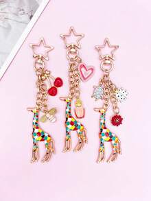 Cute Colorful Enamel Giraffe Bag Charm, Star & Cherry Dangle Keychain Pendant, Bag Accessory, Car Decor Phone Charm, Room Decoration, Exquisite Graduation Gift - Multicolor - View 1