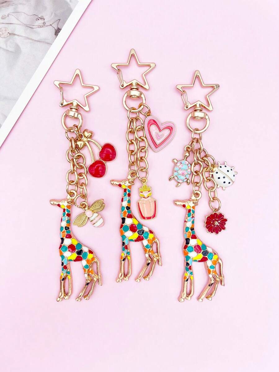 Cute Colorful Enamel Giraffe Bag Charm, Star & Cherry Dangle Keychain Pendant, Bag Accessory, Car Decor Phone Charm, Room Decoration, Exquisite Graduation Gift - Multicolor - View 1