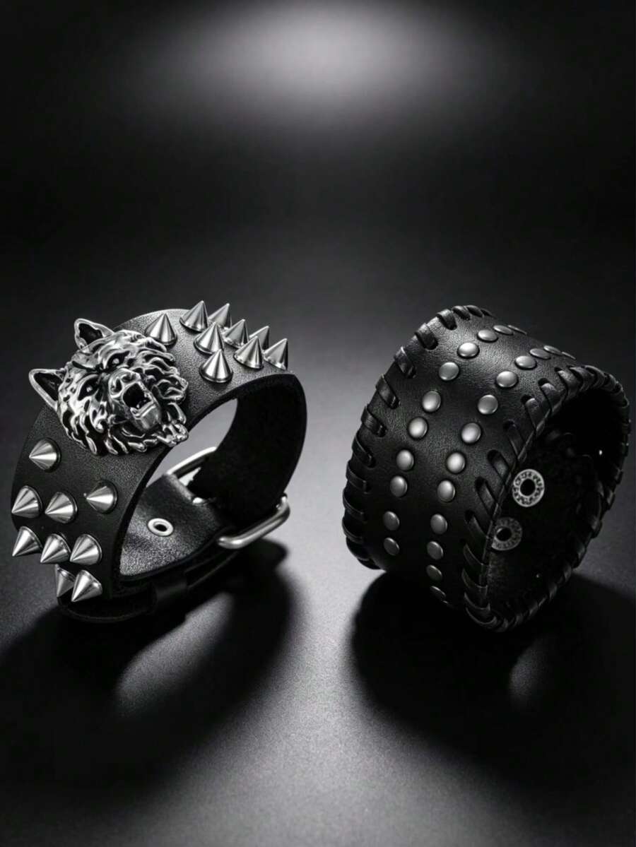 2pcs Punk Style Sports Casual Geometric Design Bracelets, Suitable For Men's Party, Sports And Fashion Wear, Exquisite Bracelet Gift For Men - Black - View 1