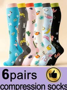 1/3/6 Pairs Women Cute Cartoon Animal Compression Socks Comfortable Breathable Knee High Socks Suitable For Running Fitness Hiking - Multicolor - View 5