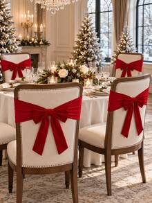 4pcs Chair Back Bow Decor Ribbons, Suitable For Christmas Decoration, Luxury Chair Back Ribbon Bow Design, Holiday Party Restaurant Decor, Suitable For Wedding Banquet, Home Activities - Claret - View 5