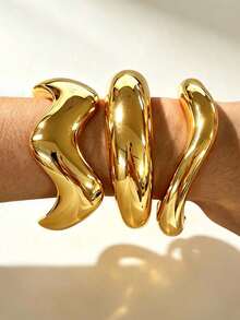 3/1pc Vintage Elegant Old Money Style Golden Geometric Twisted Wide Cuff Bracelet Set, CCB Casual Open Design, Suitable For Women's Daily Wear - Yellow Gold - View 2