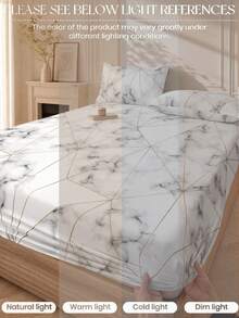2/3pcs Gold Line Geometric Marble Pattern Bed Sheet Set (1pc Fitted Sheet + 1/2 Pillowcases), Mattress Protector, Soft & Breathable, For Twin, Full, Queen, King Size Beds, Deep Pocket Design Up To 11.8 Inches - White - View 4