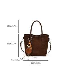 low tea 1pc Suede Bucket Handbag With Adjustable Shoulder Strap, Suitable For Commuting, Shopping, Etc. (With Pendant) - Coffee - View 3