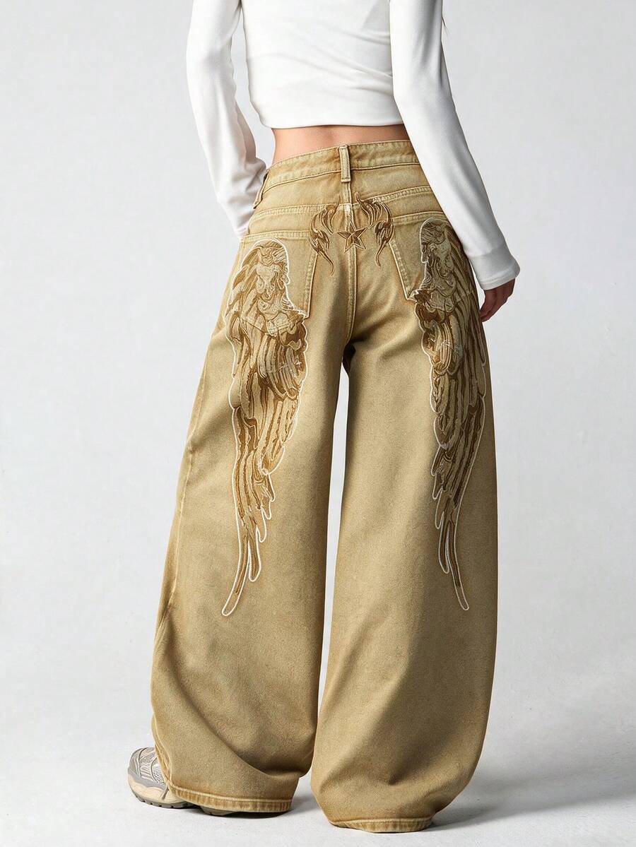 1件女款美式街頭風刺繡寬鬆舒適寬腿牛仔長褲，時尚四季皆宜（本產品不含腰帶/配件）