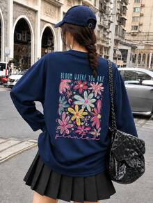 Women's Loose Fit Japanese Cat Print Long Sleeve T-Shirt, Versatile For Spring And Autumn Casual - Navy Blue - View 2
