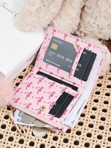 Ladies' Bow Printed Wallet Zipper Folding Button Short Wallet, With A Pom-Pom Charm, Suitable For Daily Commuting Travel - Hot Pink - View 9