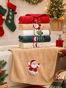 5/2/1pc 13.8*29.5 Inch Hanging Coral Fleece Towel, Christmas Gift, Embroidered Reindeer Tree Pattern, Super Soft Absorbent Quick Dry Face Towel, Hair Wrap, Shower, Makeup Removal, Christmas Bathroom Home Decor - Multicolor - View 2